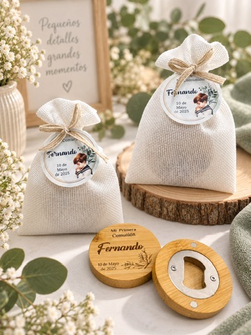 Abridor de bambú personalizado en saquito