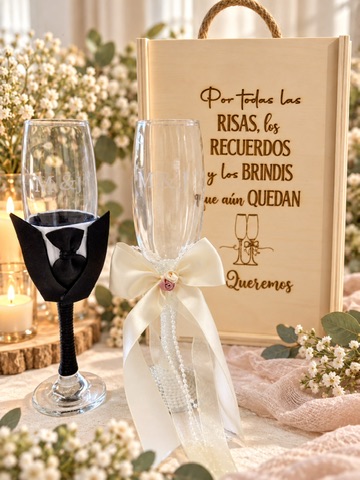 Copas personalizadas y decoradas para novios con estuche personalizado