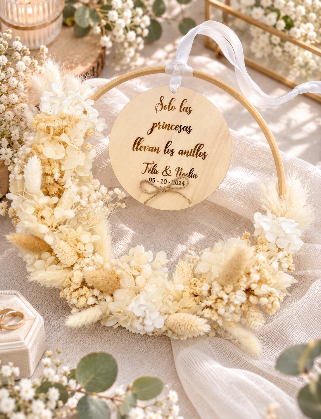 Porta Alianzas Floral Personalizado con flores preservadas