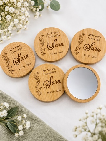 Espejo Personalizado de bambú en saquito de algodón