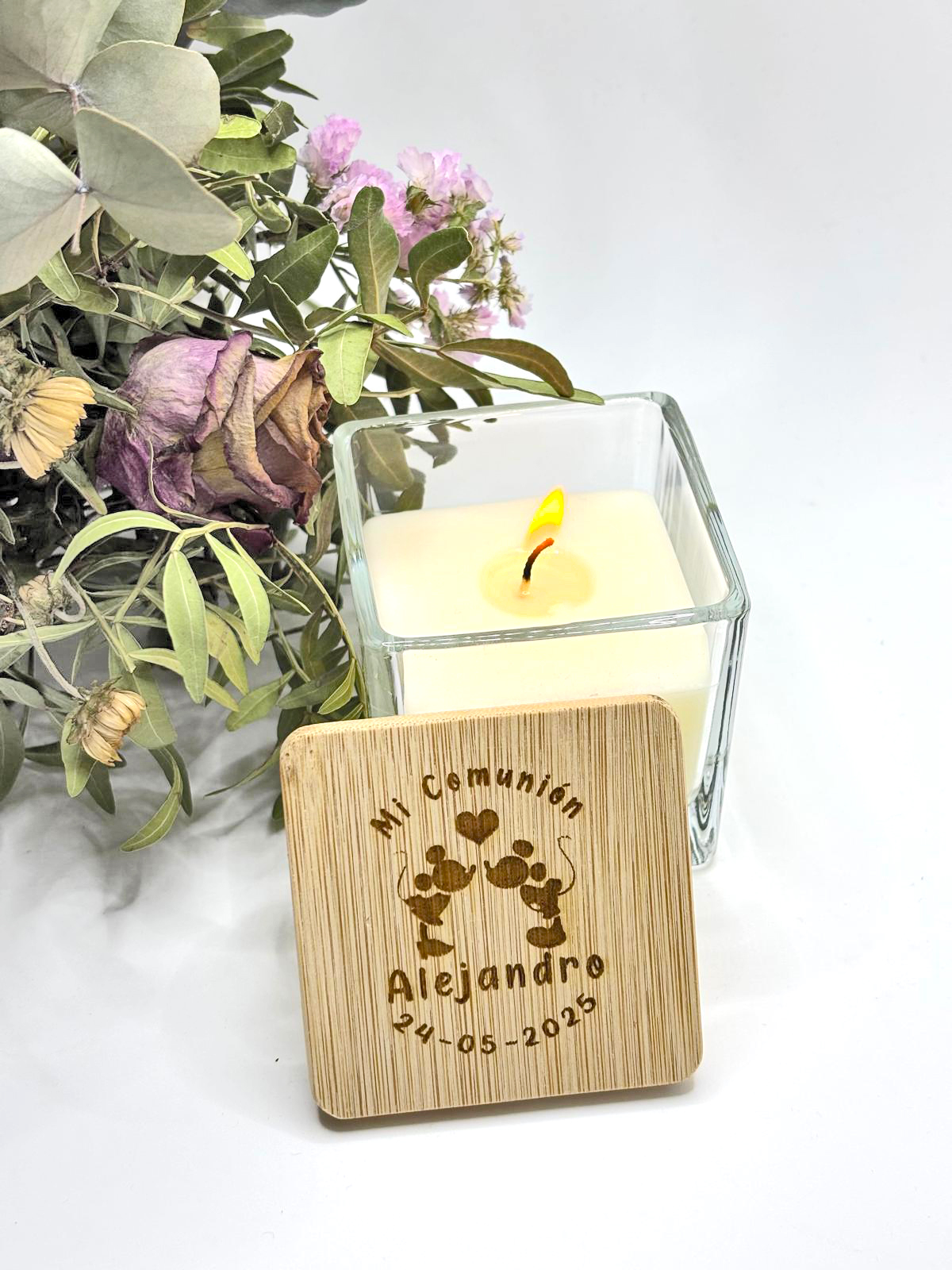 Vela Cuadrada cristal con tapa de bambú personalizada