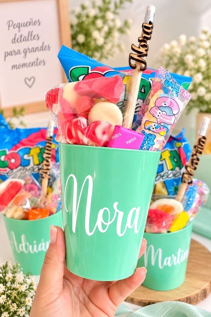 Vaso personalizado con chuches y lápiz con nombre